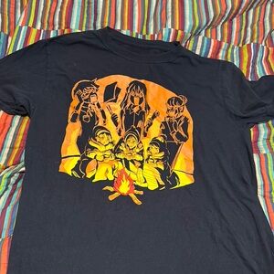 Anime type shirt, Black Graphic Tee with Orange and Yellow Design medium